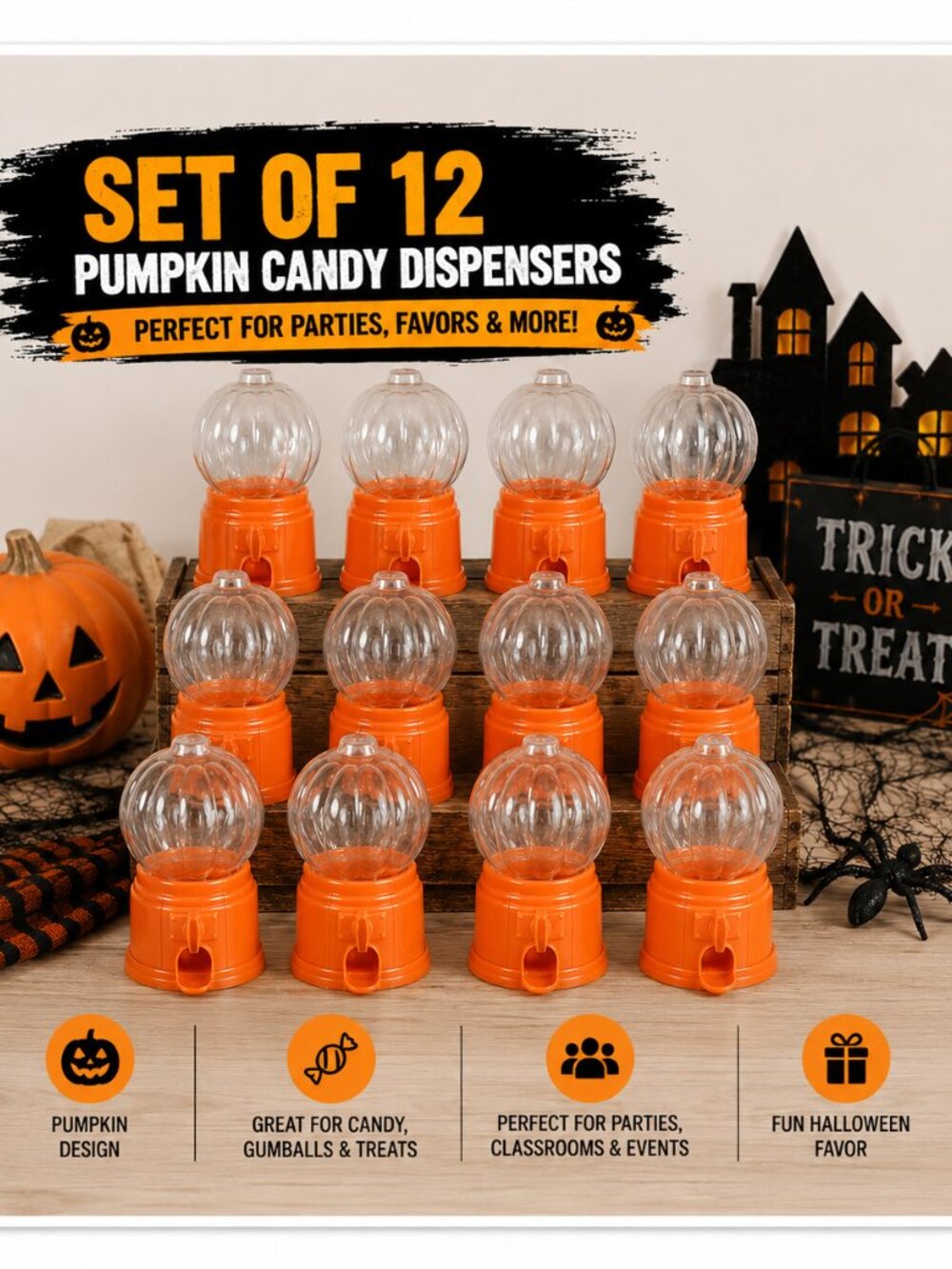 Halloween Pumpkin Candy Dispensers Set of 12 Orange Plastic Gumball Machines Par